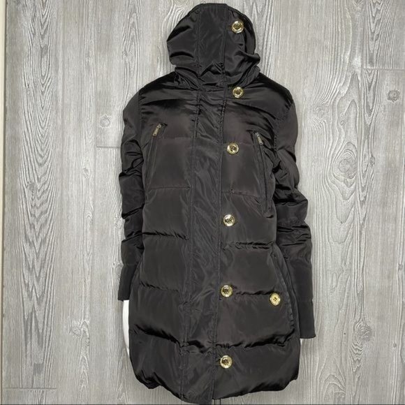 Michael Kors down feather long sleeve puffer jacket black gold buttons high coll - Picture 2 of 12